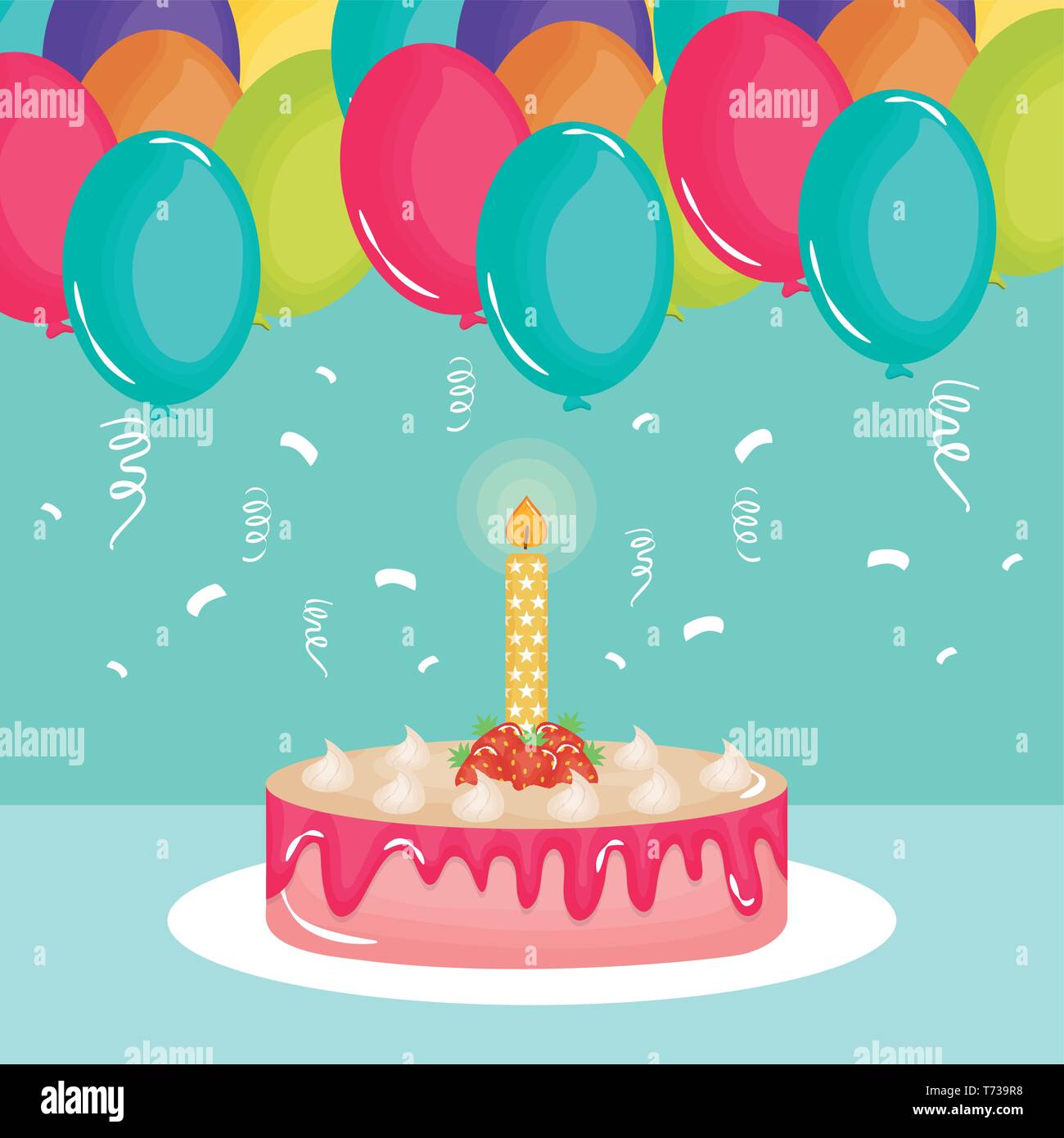 happy birthday card , sweet cake and candle with balloons helium vector ...
