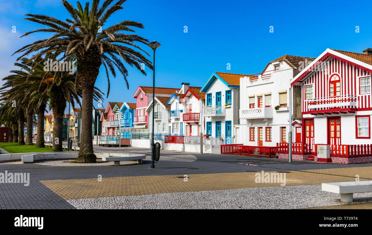 Street with colorful houses in Costa Nova, Aveiro, Portugal. Street with striped houses, Costa