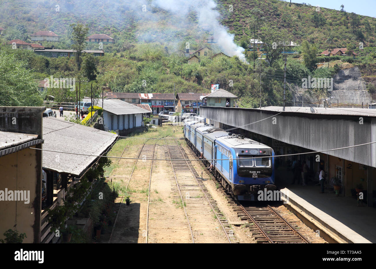 traveling by train through the hill country at nanu-oya station in sri lanka Stock Photo