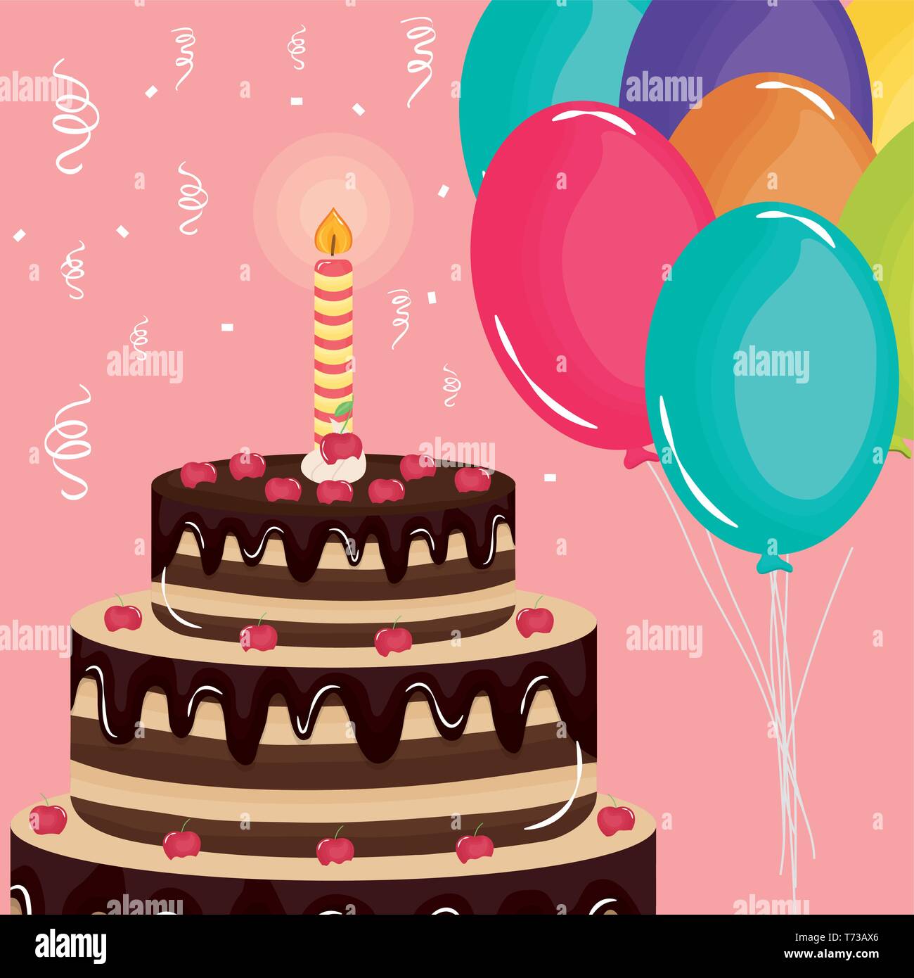 happy birthday card , sweet cake and candle with balloons helium vector ...