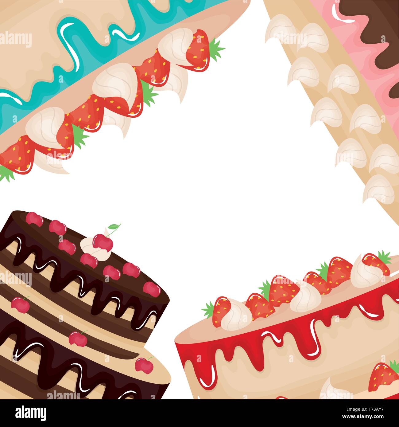 delicious sweet cakes with strawberries and cherries frame vector ...
