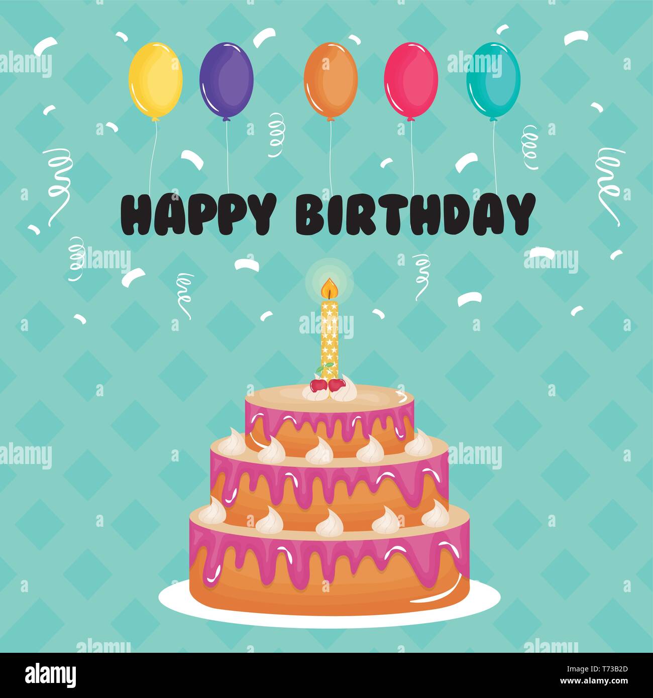 happy birthday card , sweet cake and candle with balloons helium vector ...