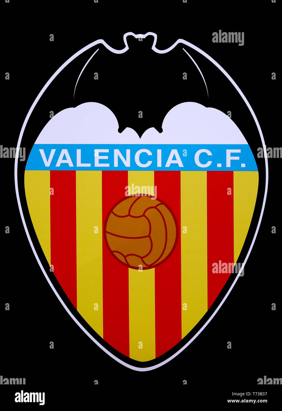 Club crest of Valencia C.F. - Arsenal v Valencia, UEFA Europa League Semi Final - 1st Leg, Emirates Stadium, London (Holloway) - 2nd May 2019 Stock Photo