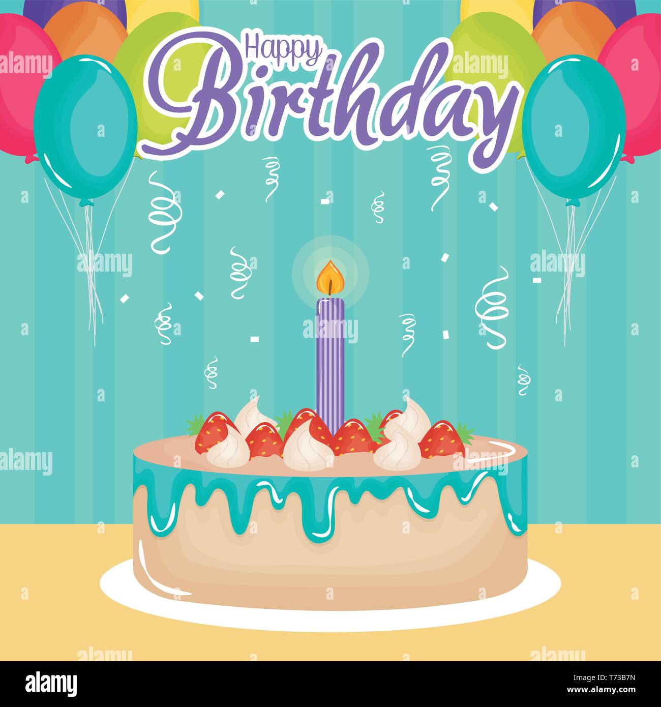 happy birthday card , sweet cake and candle with balloons helium vector ...