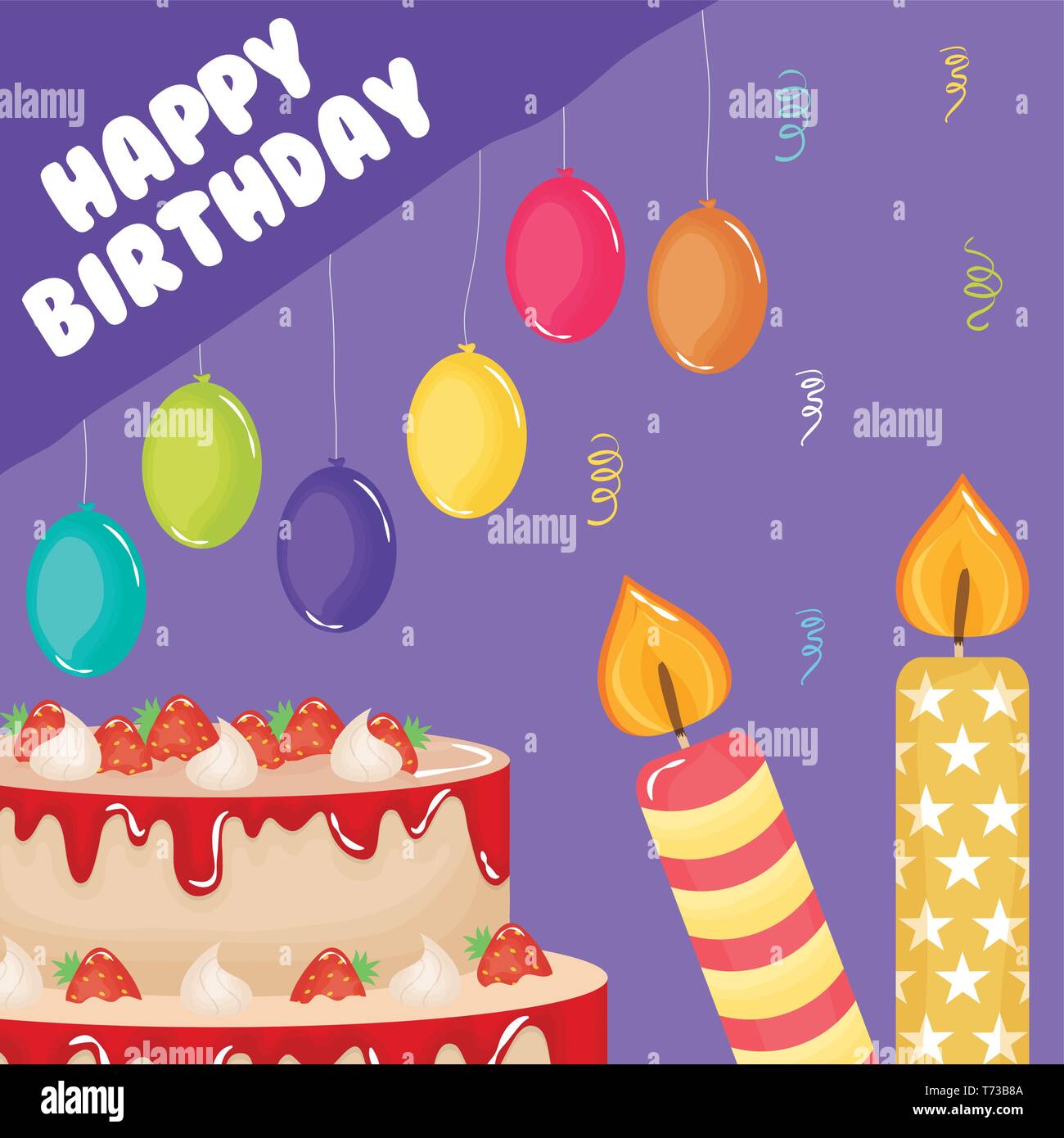 happy birthday card , sweet cake and candle with balloons helium vector ...