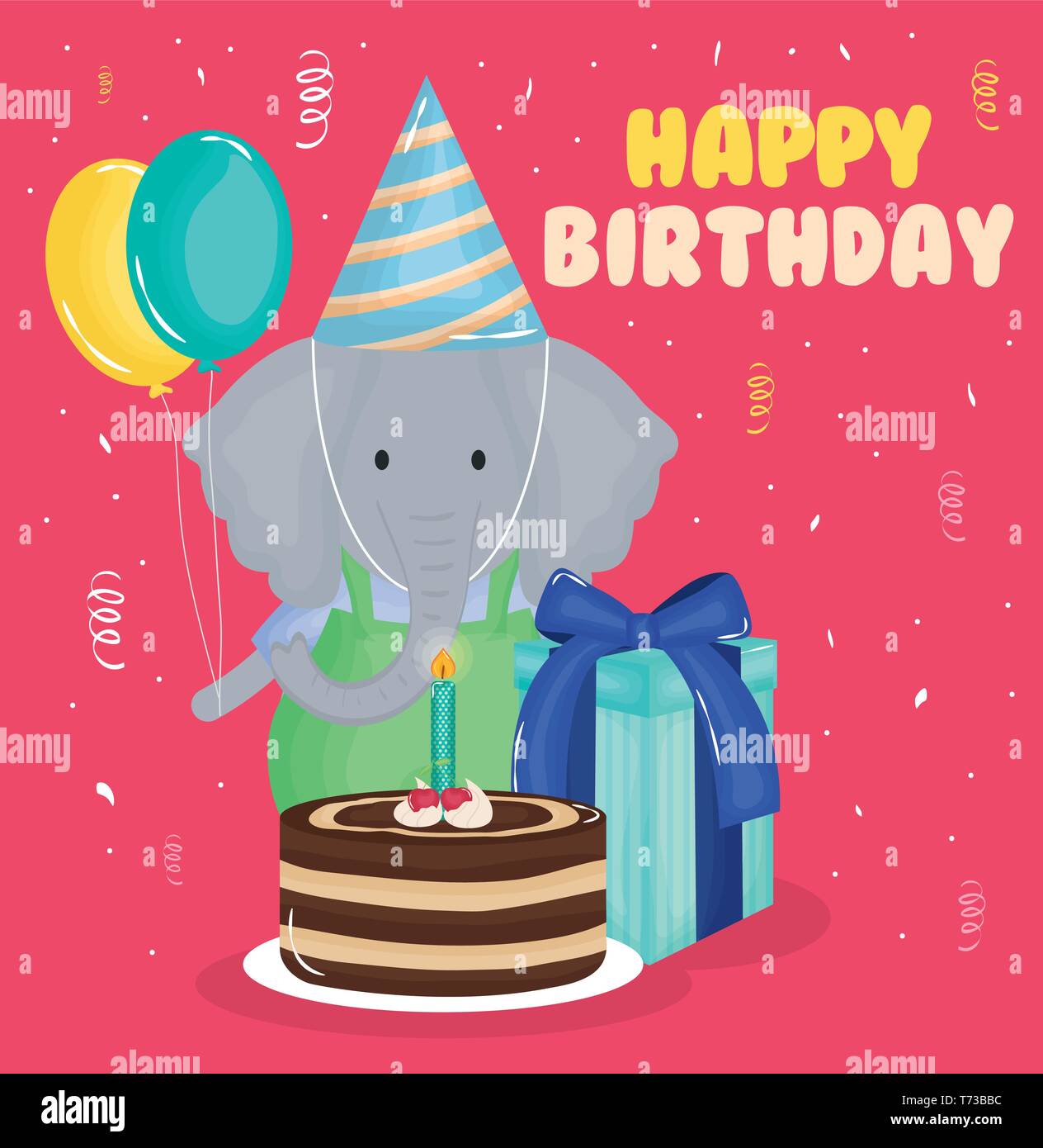 happy birthday card with elephant and cake vector illustration design