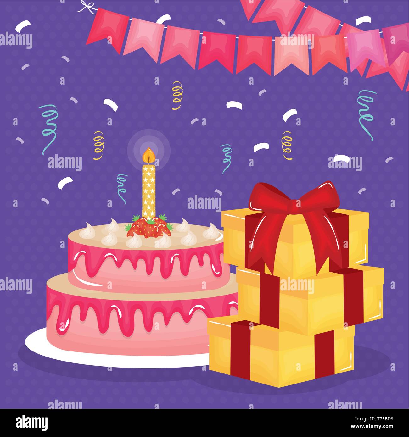 happy birthday card with gifts and cake vector illustration design ...