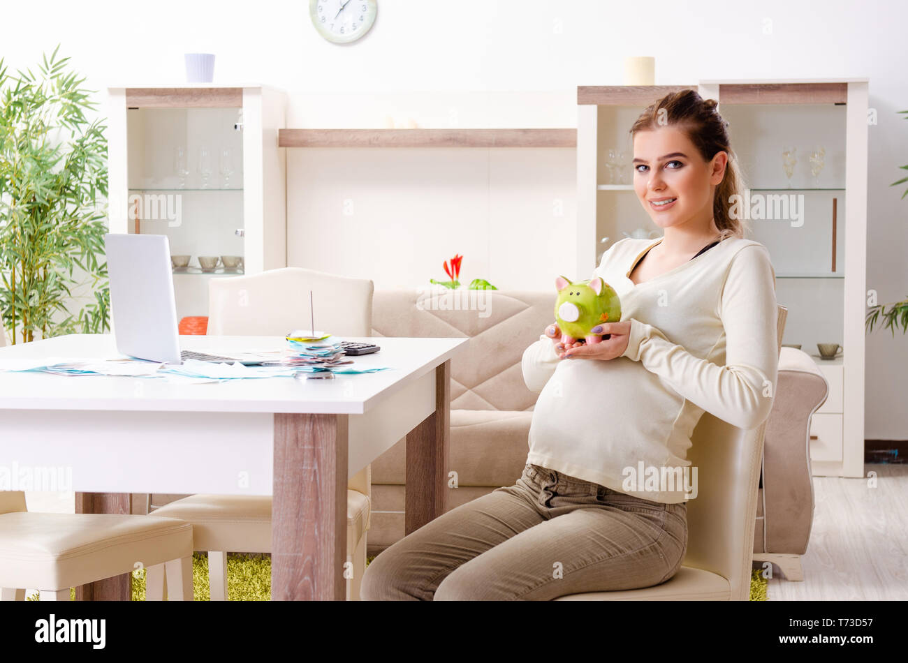 Image showcasing Young pregnant woman in budget planning concept Stock Photo - Alamy