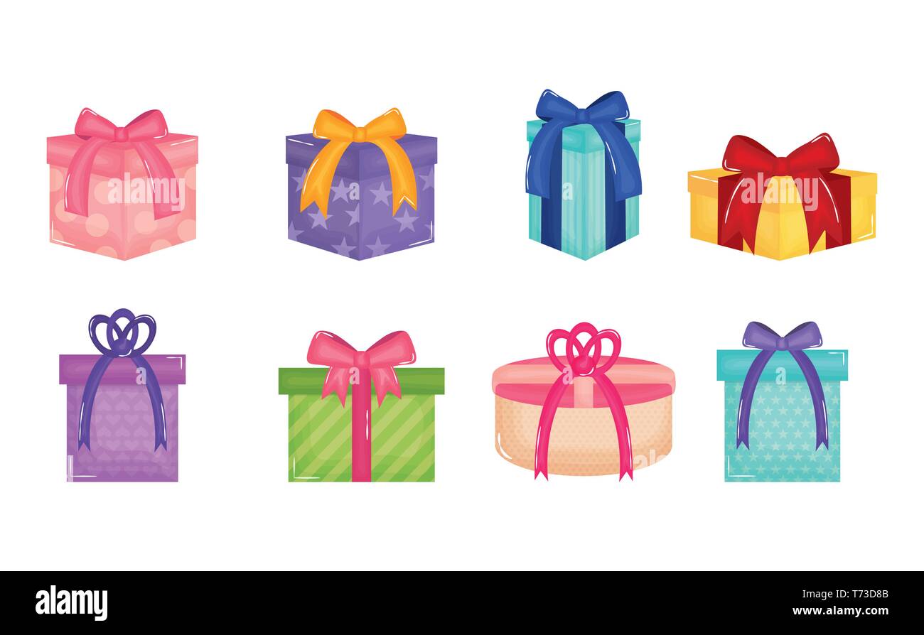 set of gifts boxes presents colors and forms vector illustration design