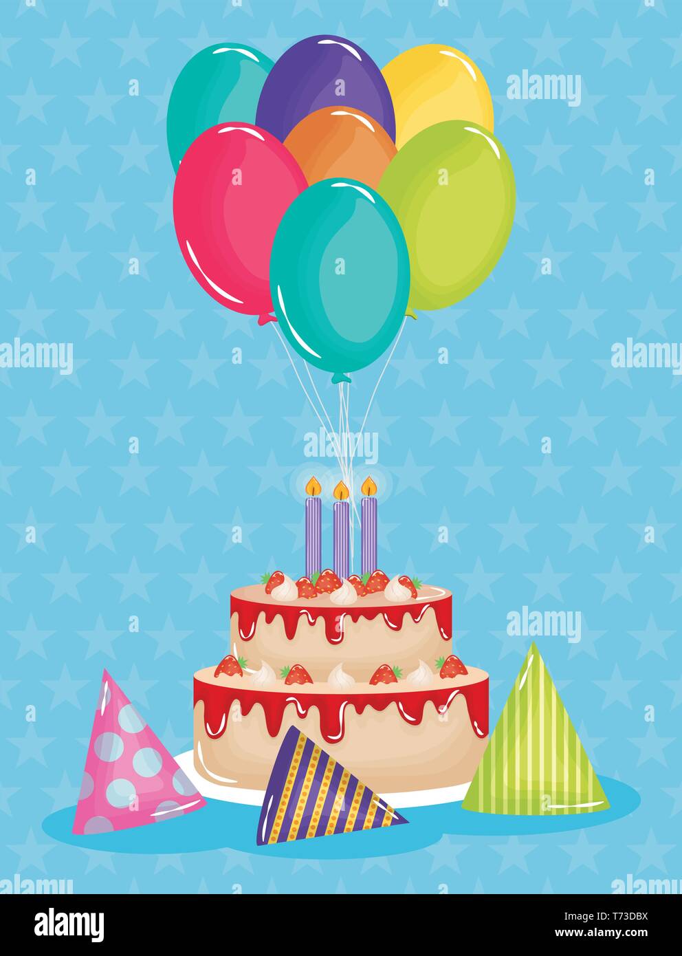 happy birthday card , sweet cake and candle with balloons helium vector ...
