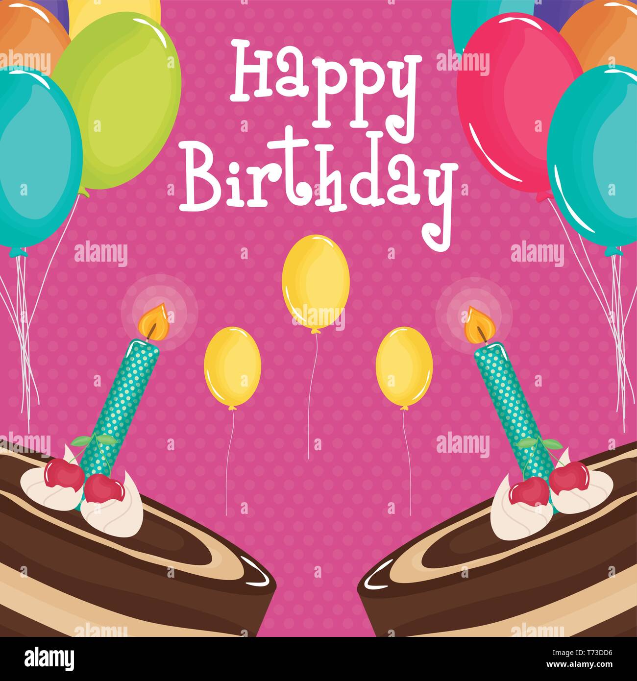 happy birthday card , sweet cake and candle with balloons helium vector ...