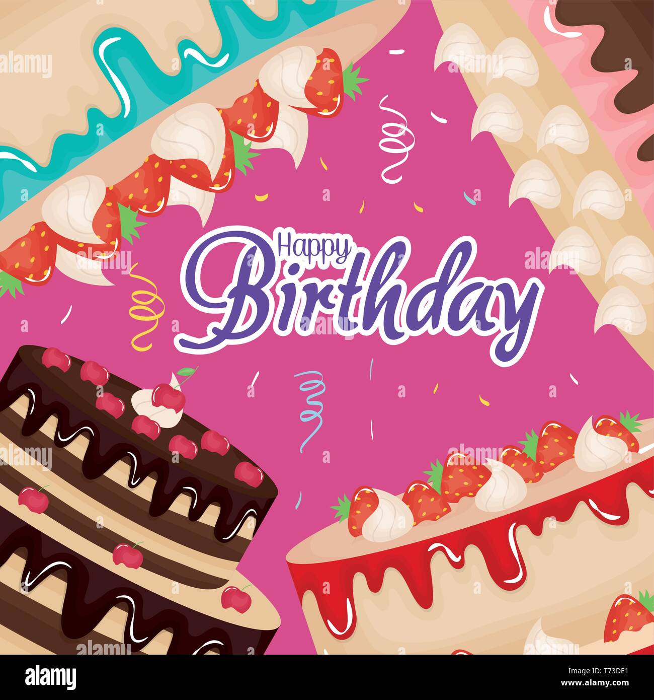 happy birthday card with sweet cakes frame vector illustration design ...
