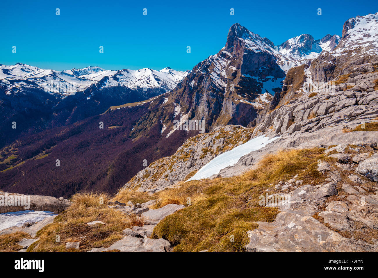 Mountain range, covered with snow. National park Peaks of Europe (Picos de Europa). Cantabria, Spain, Europe Stock Photo