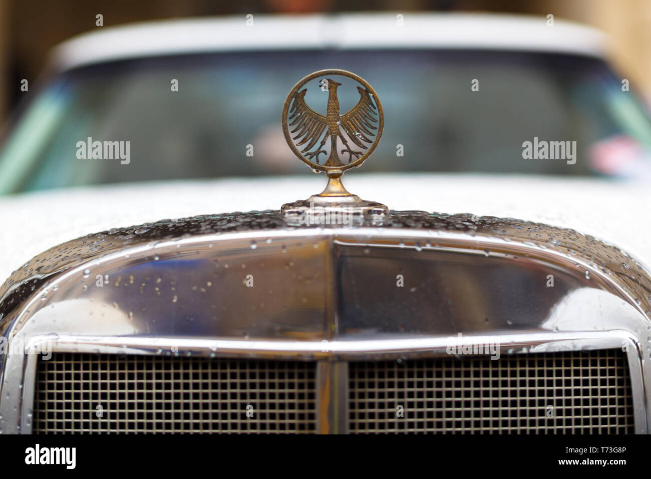 Lviv, Ukraine - May 3, 2019: Logo of eagle at old vintage car Phillips Berlina Coupe. LVIV CITY ...