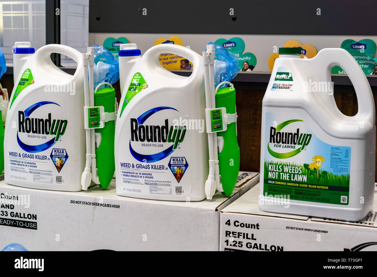 April 25, 2019 Sunnyvale / CA / USA -  RoundUp weed killer on a store shelf; Bayer purchased Monsanto in 2018 and since then there have been more than Stock Photo