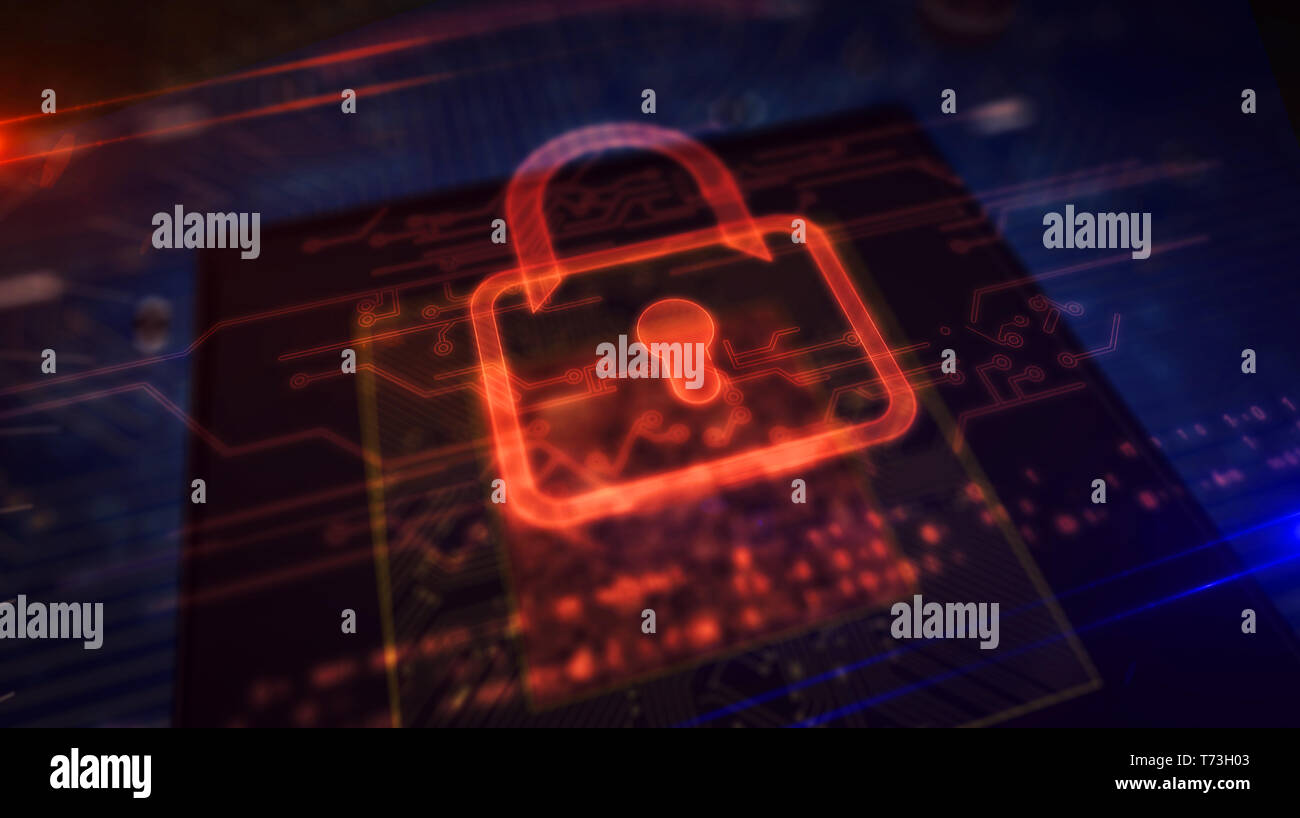 Cyber security concept with padlock hologram display over working cpu in background. Futuristic circuit board. Digital protection, firewall and comput Stock Photo