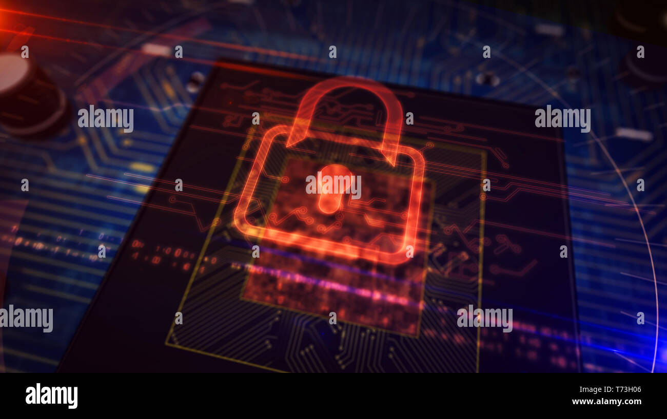Cyber security concept with padlock hologram display over working cpu in background. Futuristic circuit board. Digital protection, firewall and comput Stock Photo