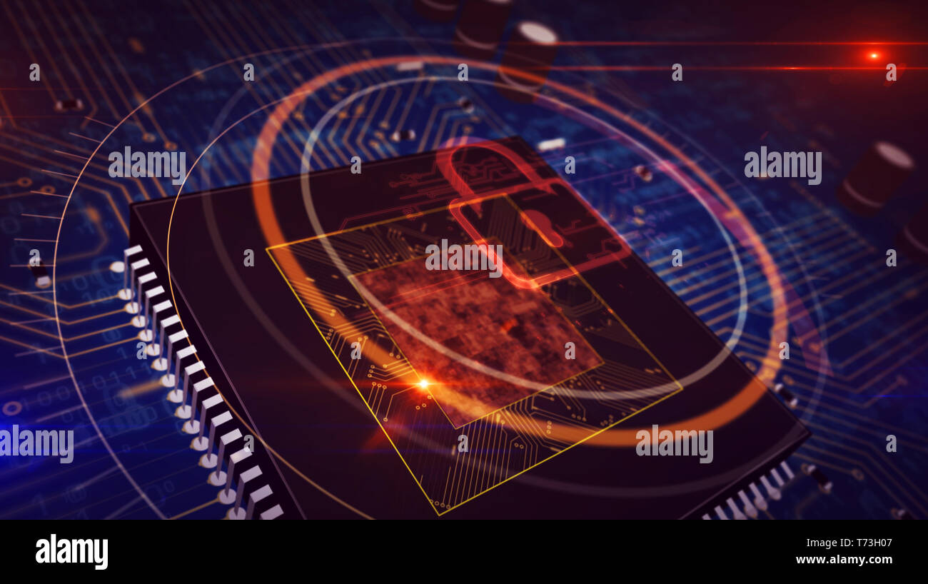 Cyber security concept with padlock hologram display over working cpu in background. Futuristic circuit board. Digital protection, firewall and comput Stock Photo