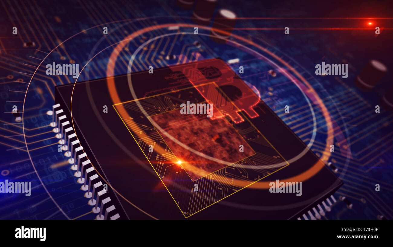 Cryptocurrency mining concept with bitcoin hologram display over working cpu in background. Cyber business, blockchain and virtual money abstract 3d i Stock Photo