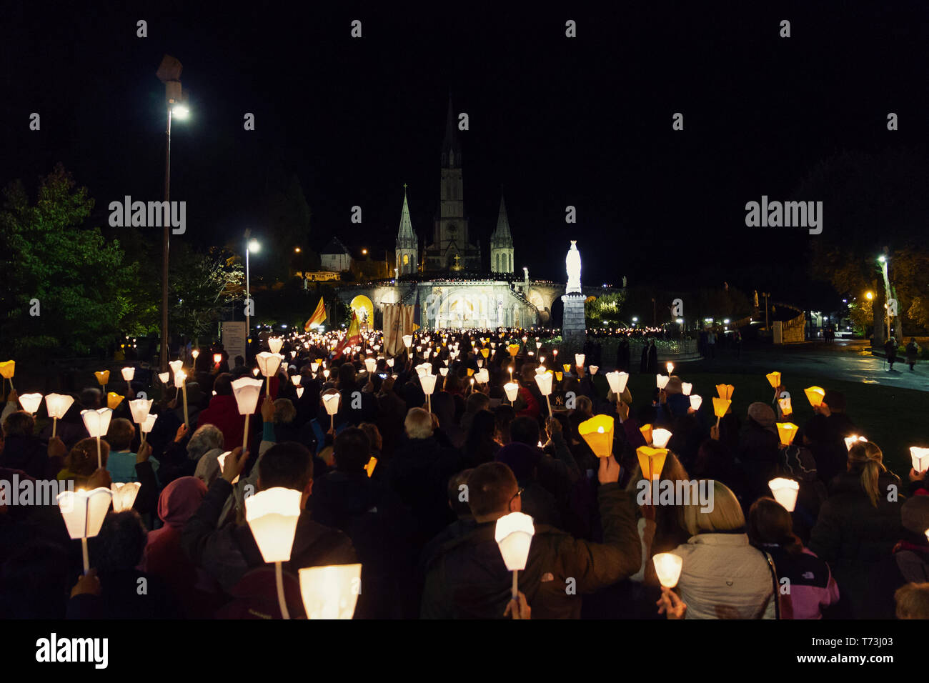 Lourdes, France. October 21 2017 Candle procession. Candle lights in ...