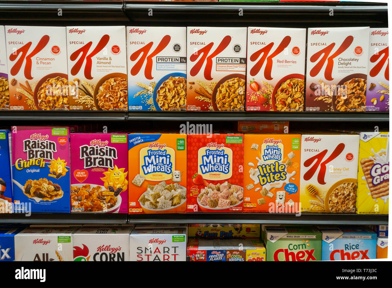 Boxes of Kellogg's breakfast cereals in the grocery department of a