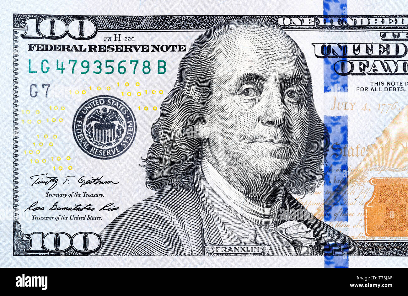 Close up part of new hundred dollar bill Stock Photo Alamy