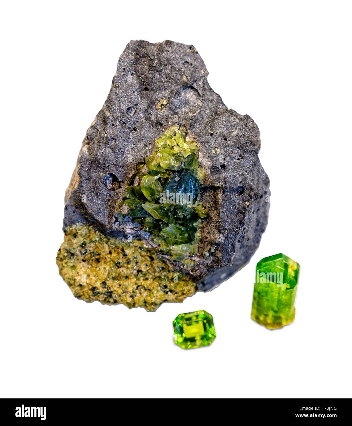 August birthstone, forsterite peridot crystal, isolated on white backgrund Stock Photo