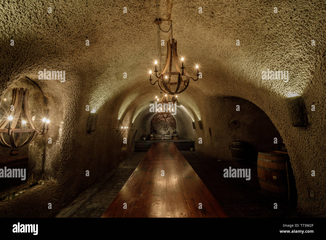 Kenwood, California - April 28, 2019: VIP Dining Room in Cave of Kundy Winery in Sonoma Valley. Stock Photo