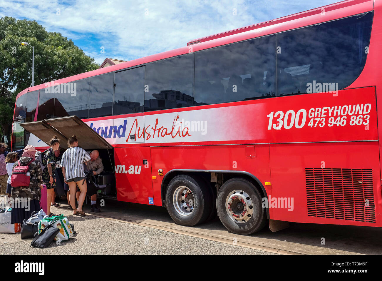 People boarding a Greyhound bus in Darwin, Northern Territory Australia. Stock Photo