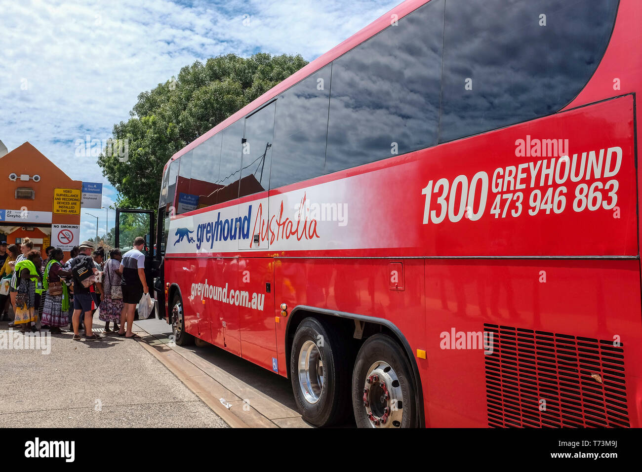 People boarding a Greyhound bus in Darwin, Northern Territory Australia. Stock Photo
