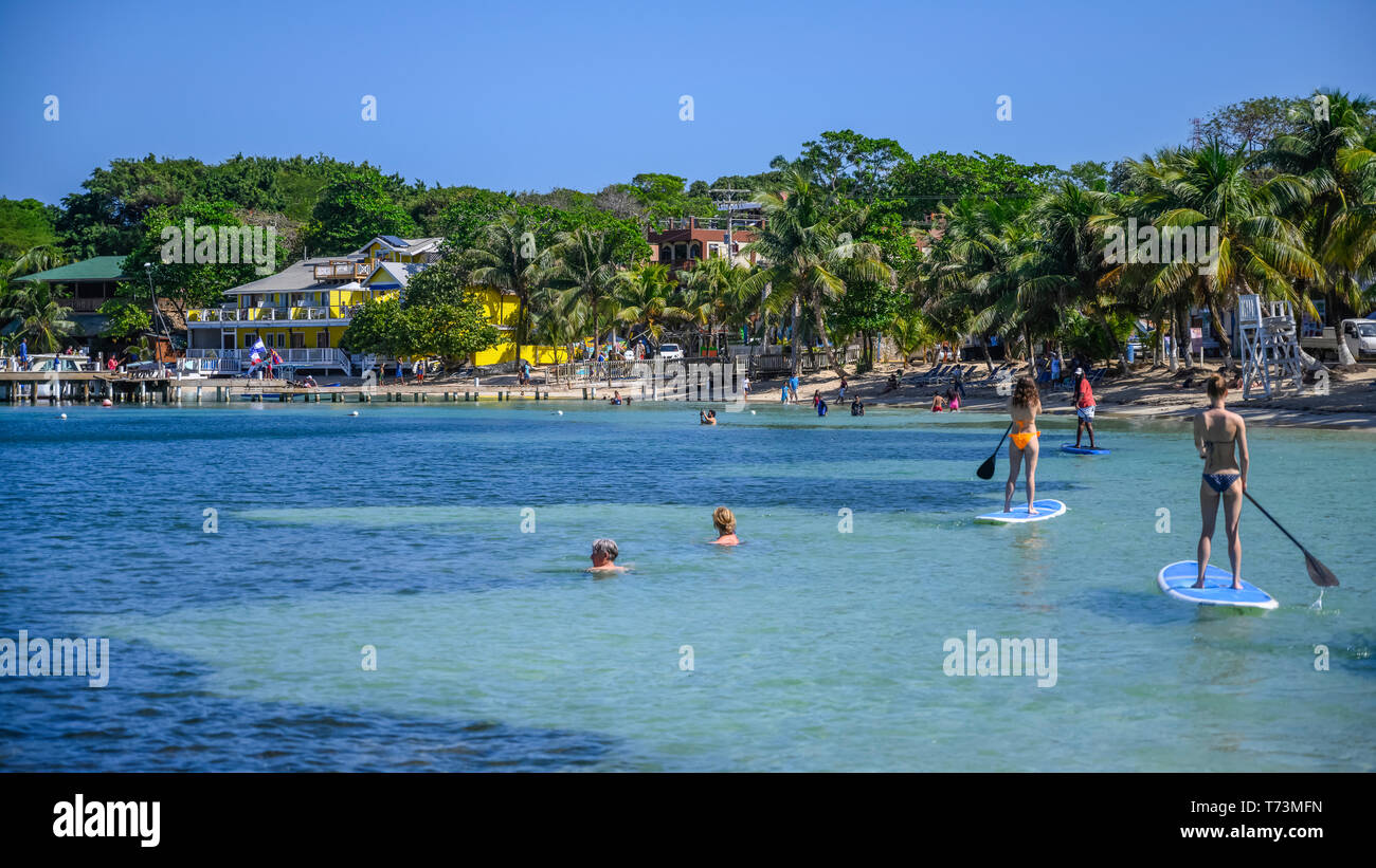 Tourists enjoying the water off the coast of West End Village; Roatan, Bay Islands Department, Honduras Stock Photo