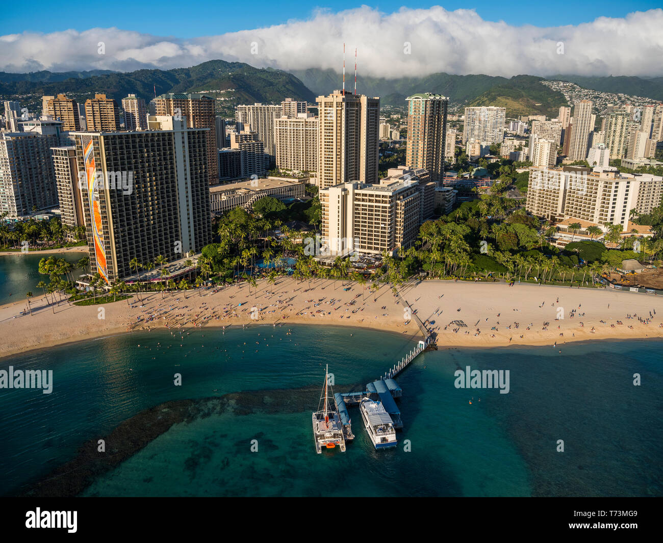 Aerial view of the Honolulu and Waikiki urban centres on Oahu; Waikiki