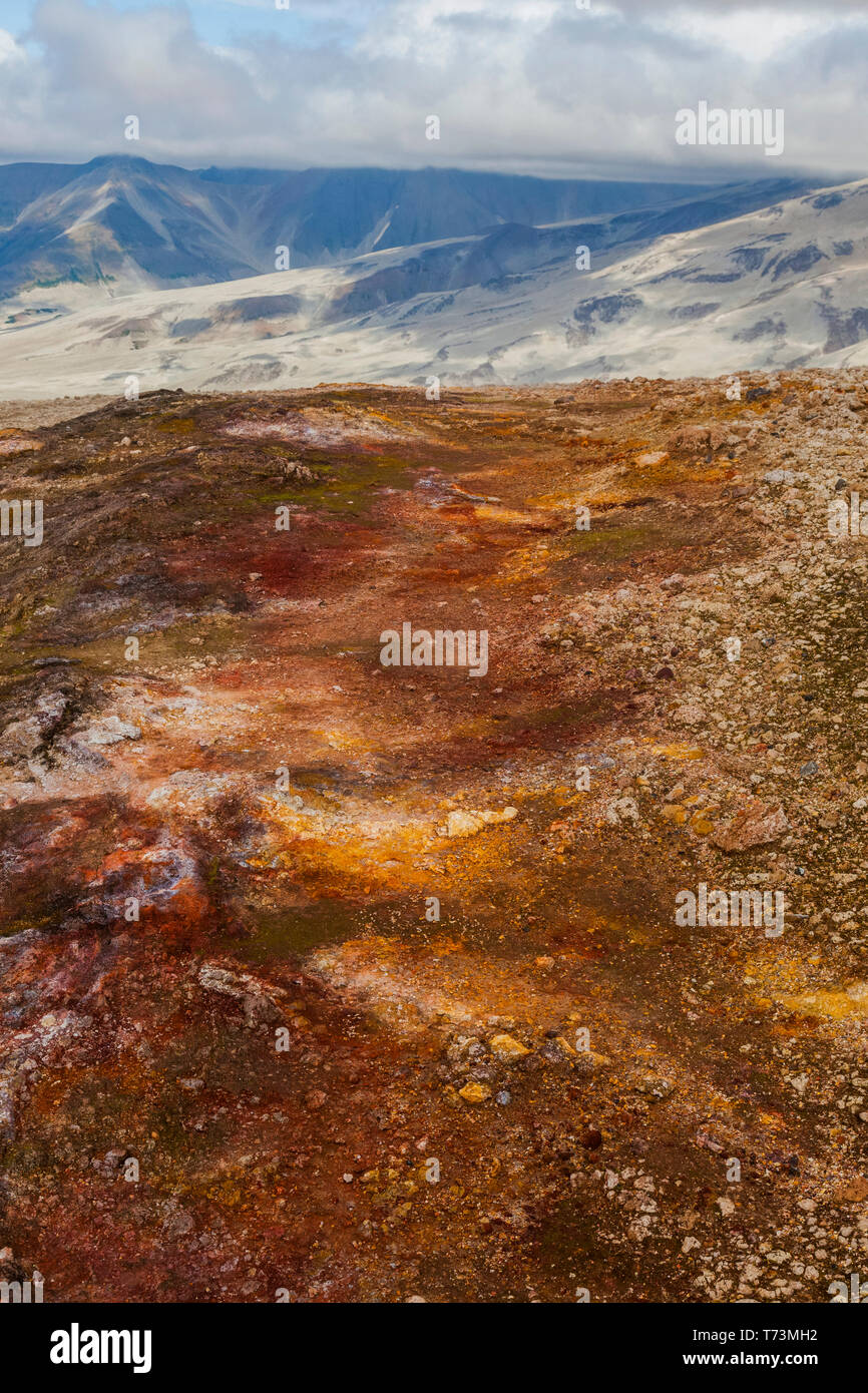 View of rainbow coloured pumice, clay, rock in the Valley of Ten Thousand Smokes in summer, Buttress Range, Katmai National Park and Preserve Stock Photo