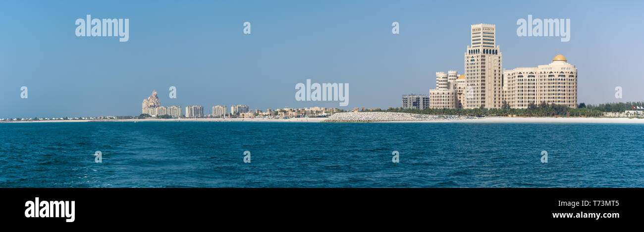 'Ras al Khaimah, RAK/United Arab Emirates - 5/3/2019: Panorama of Waldorf Astoria in Ras al Khaimah, United Arab Emirates (UAE) with the sea and beach Stock Photo