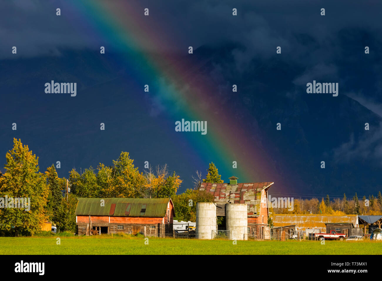 A rainbow ends over a farm, Mat-Su Valley, South-central Alaska; Palmer, Alaska, United States of America Stock Photo