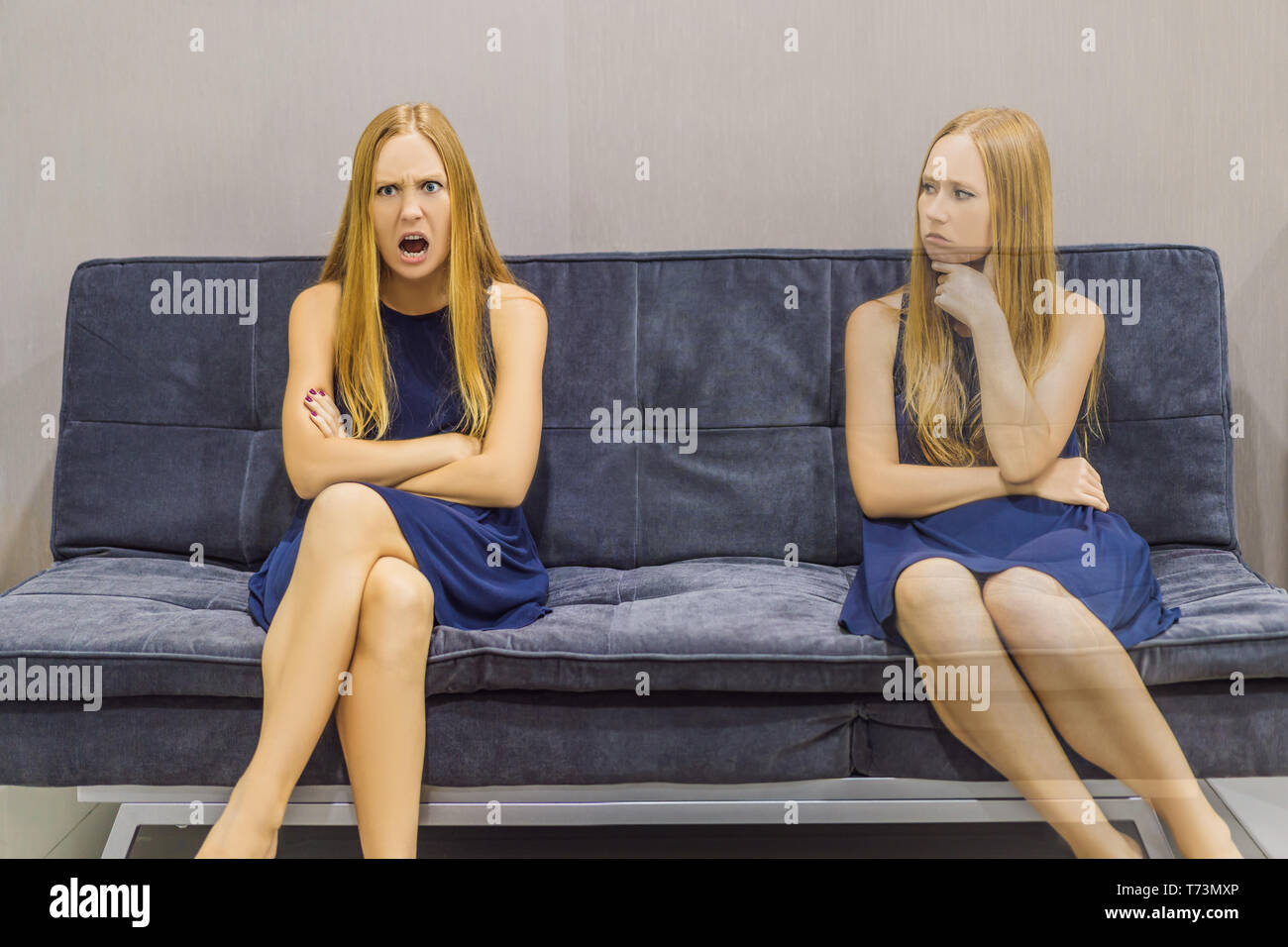 Woman experiencing angry emotions and evaluate their emotions from the side. Emotional Intelligence Concept Stock Photo