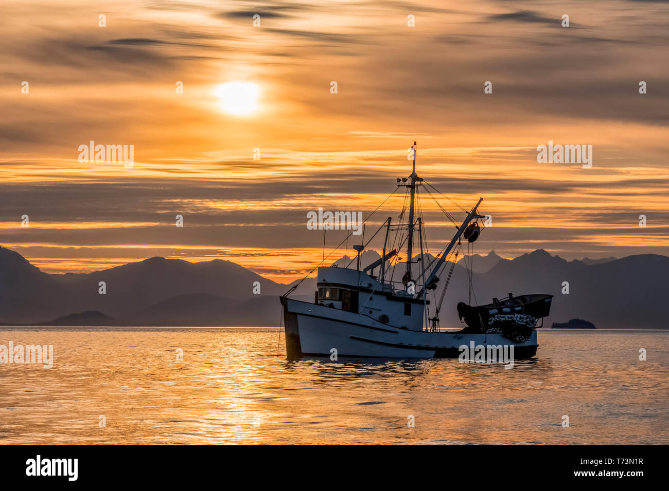 Seiners anchored in Amalga Harbor at sunset awaiting a commercial salmon opening, Southeast Alaska; Juneau, Alaska, United States of America Stock Photo