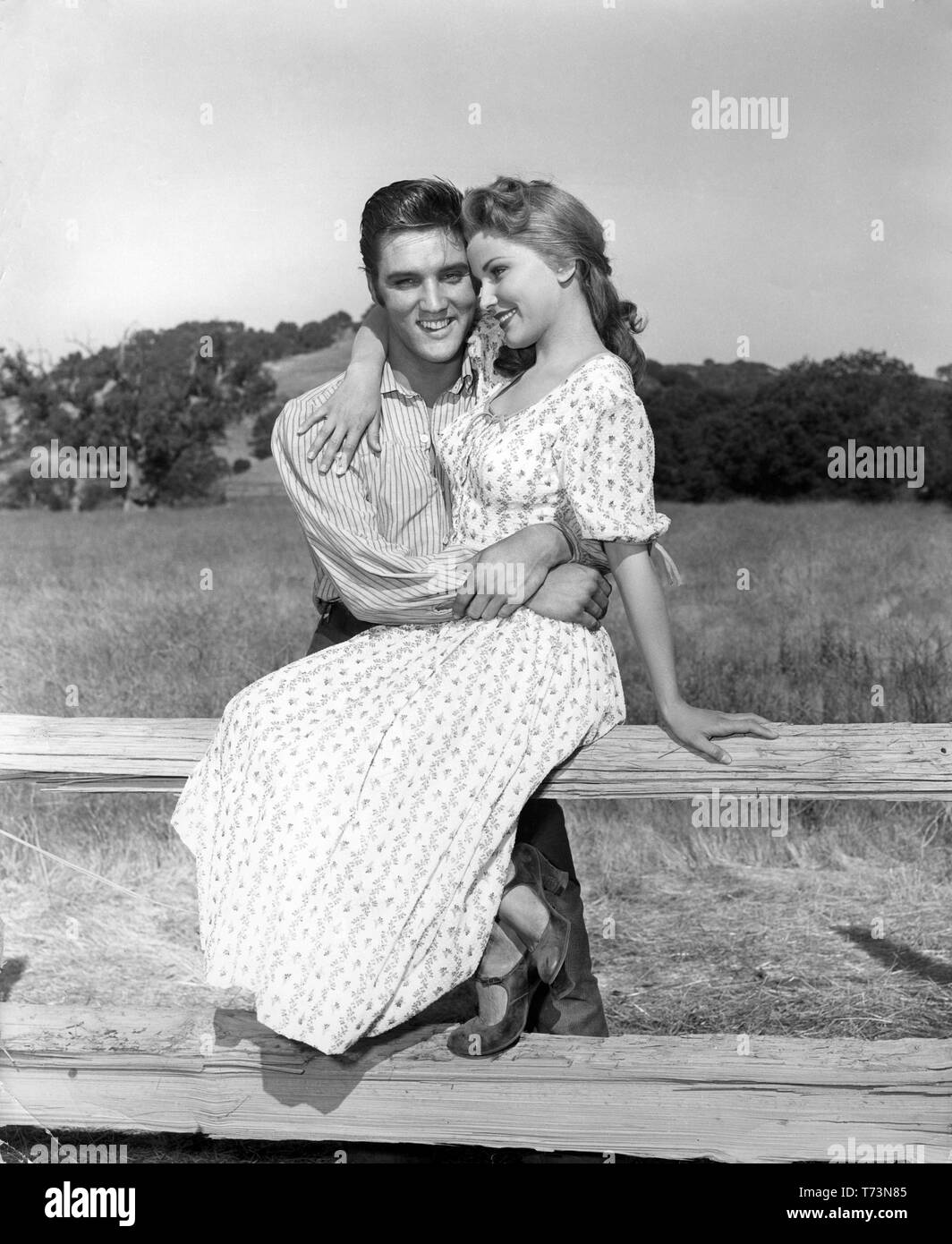 Elvis Presley Debra Paget LOVE ME TENDER 1956 director Robert D. Webb on set location candid filming Twentieth Century Fox Stock Photo