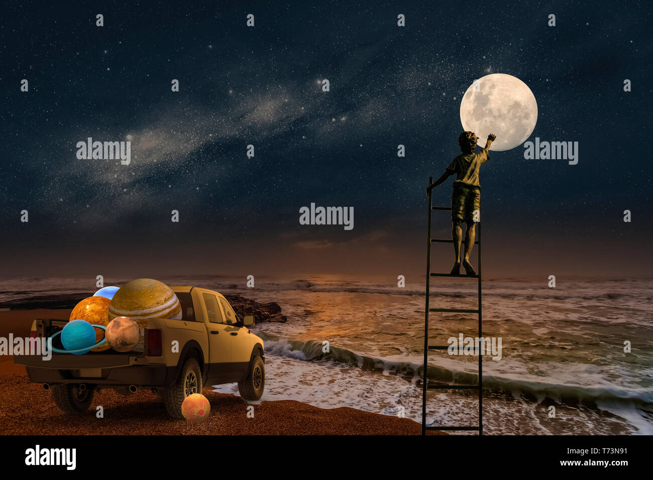 Composite image of a boy standing on a ladder touching the moon with a pickup truck full of planets at the edge of the ocean Stock Photo