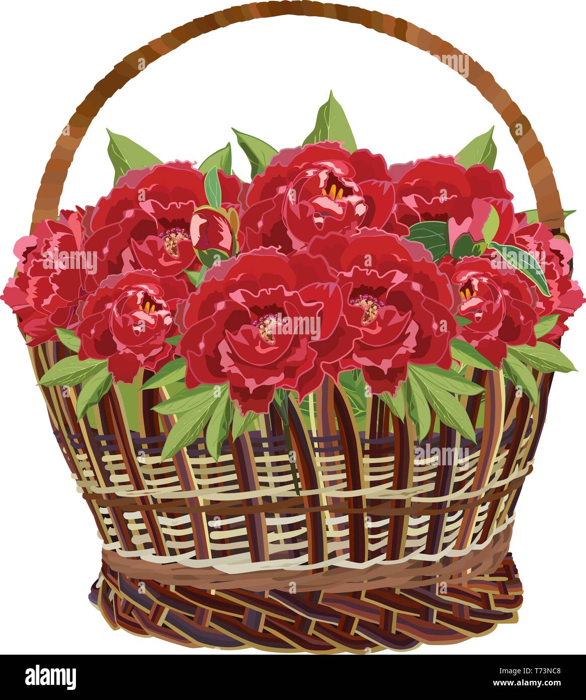 Wicker basket with peony flowers, vector isolated illustration Stock Vector