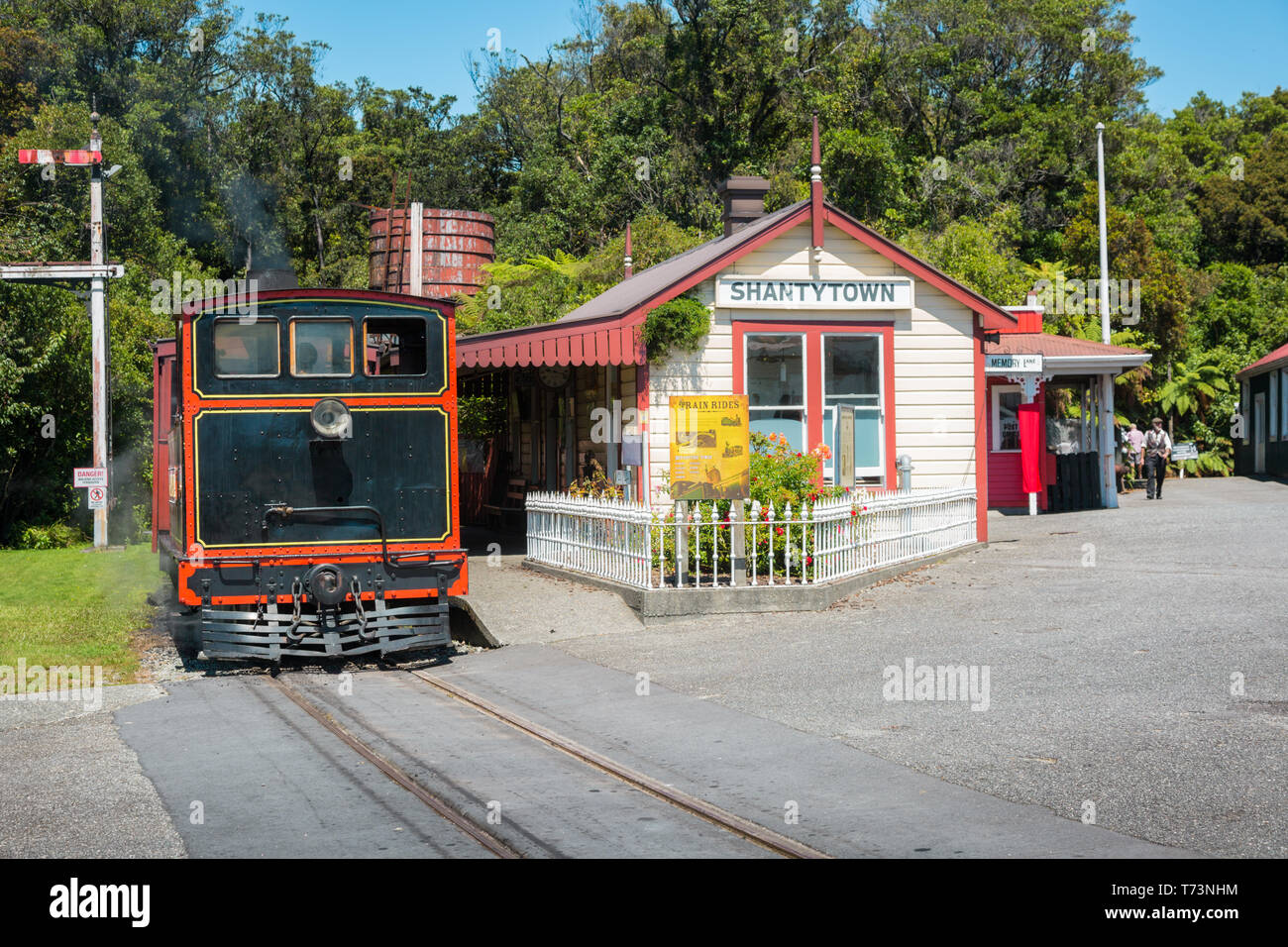 Train station and steam train, Shanty Town, New Zealand Stock Photo