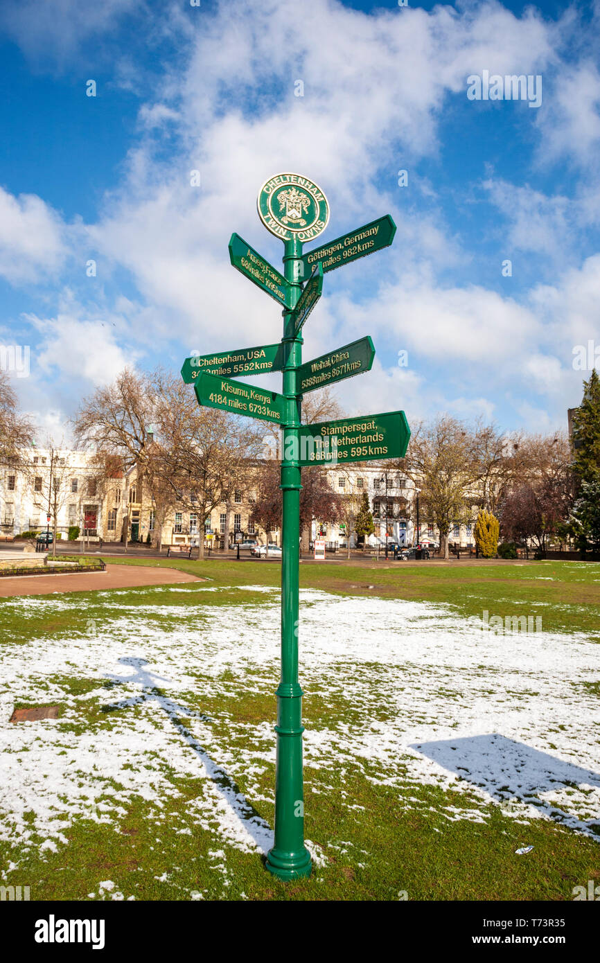The Cheltenham Twin Towns sign in Imperial Gardens, Cheltenham, England Stock Photo