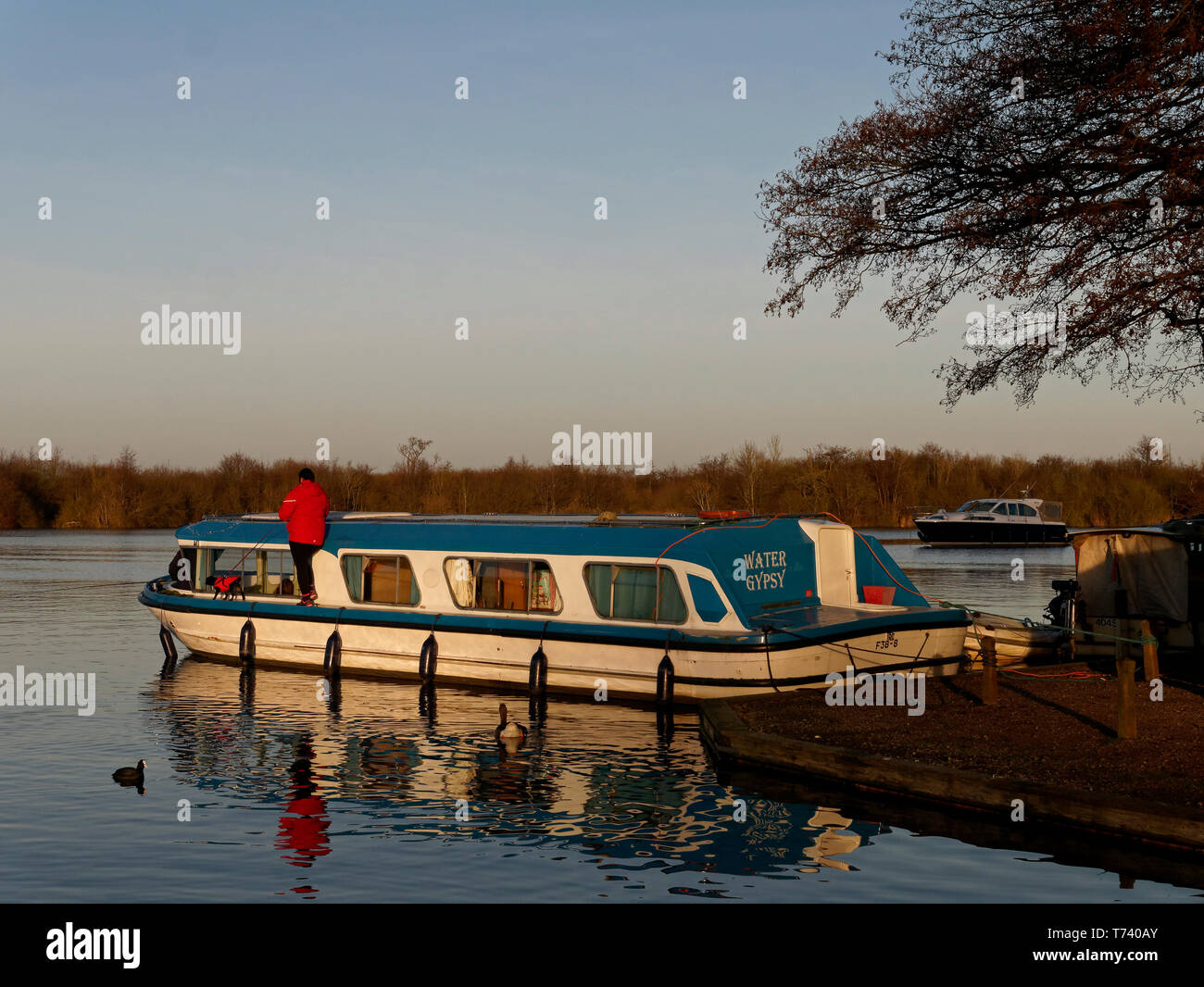 Holiday Boating on The Norfolk Broads in December, at Malthouse Broad, Ranworth, Norfolk, England, UK Stock Photo