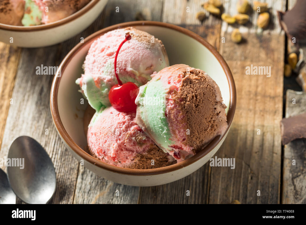 Sweet Spumoni Ice Cream with Cherry Pistachio and Chocolate Stock Photo