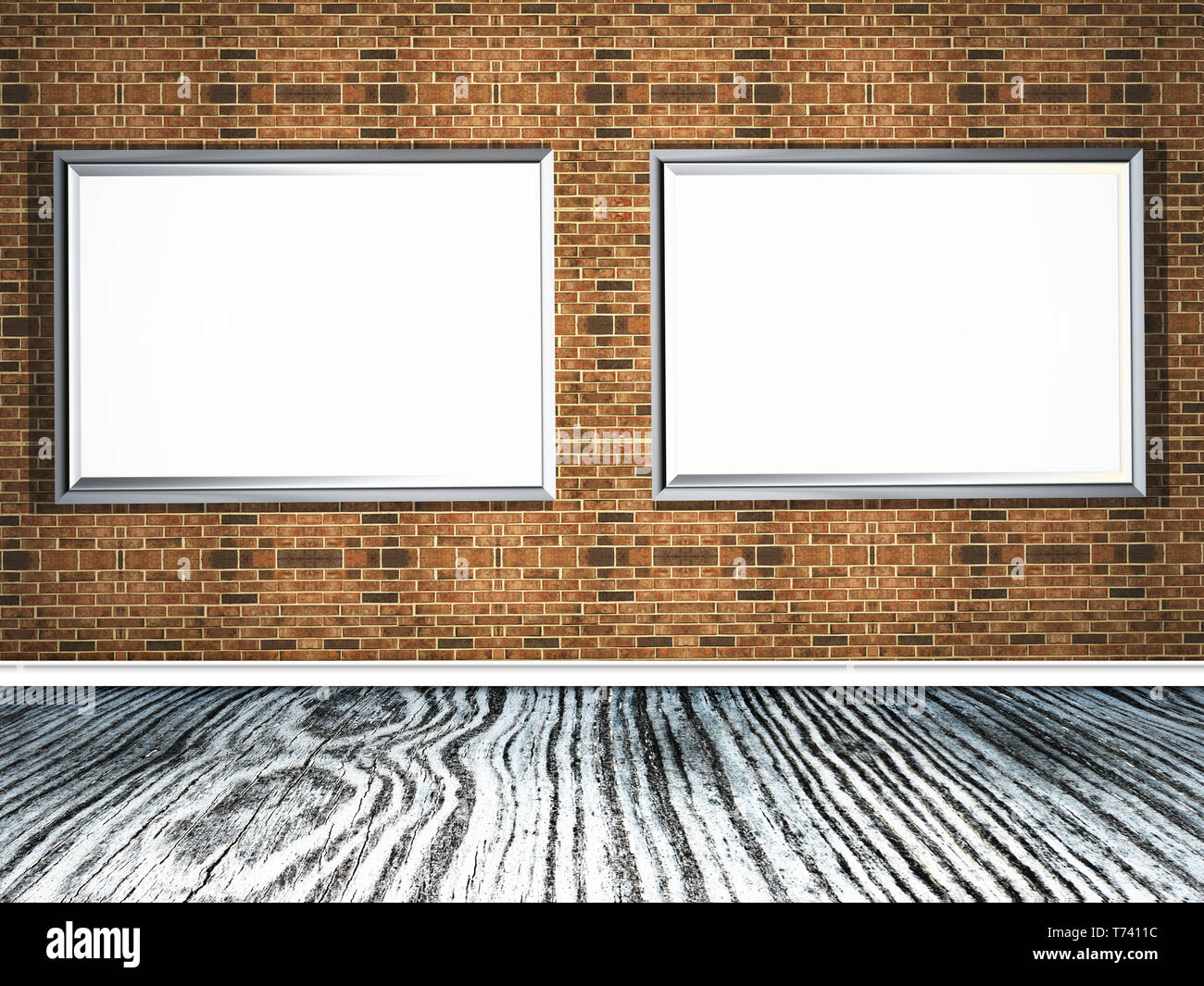 3D render of picture frames on a brick wall with wooden floor Stock ...