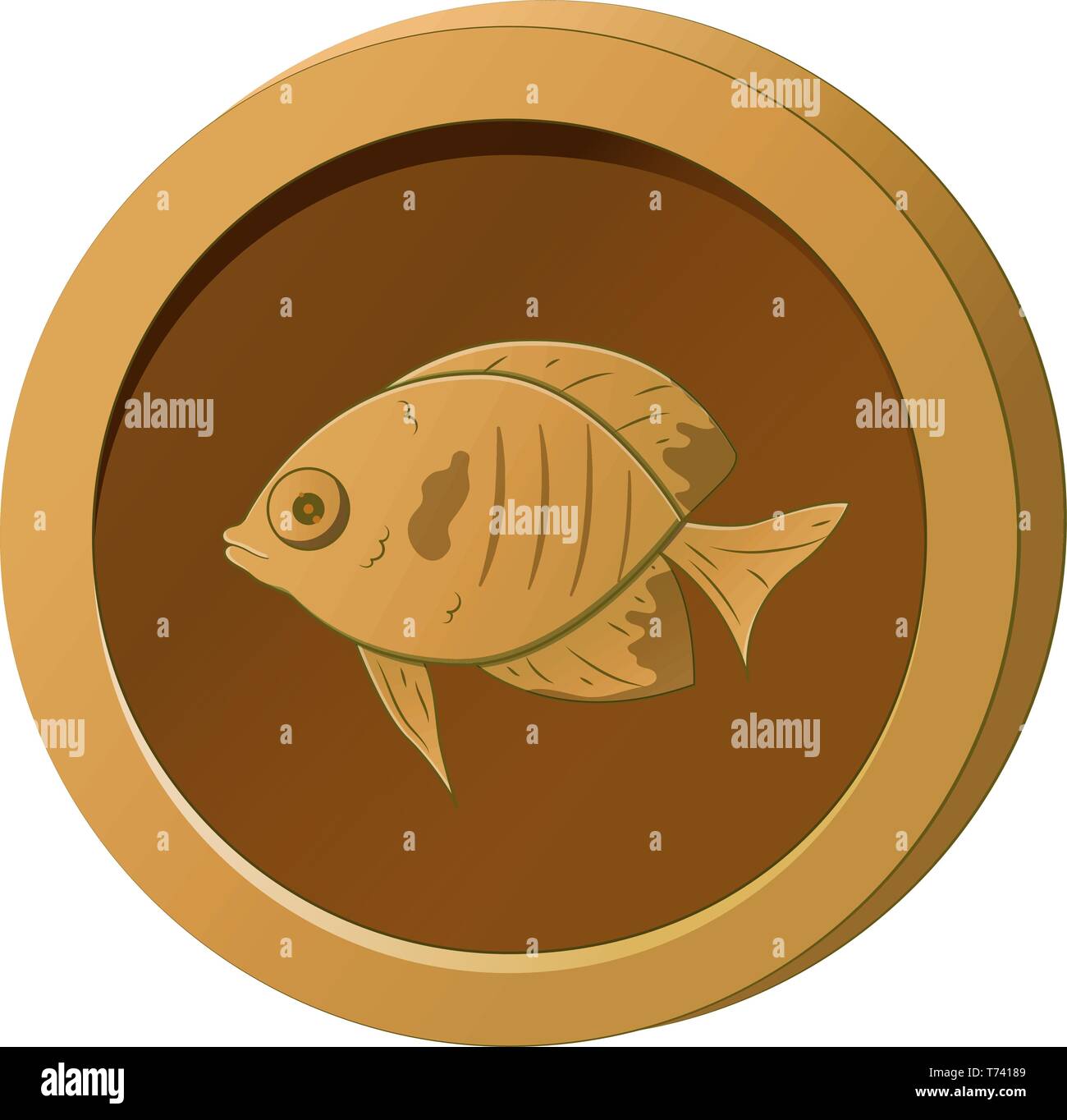 Orange coin with the image of a fish. Vector illustration for game design Stock Vector