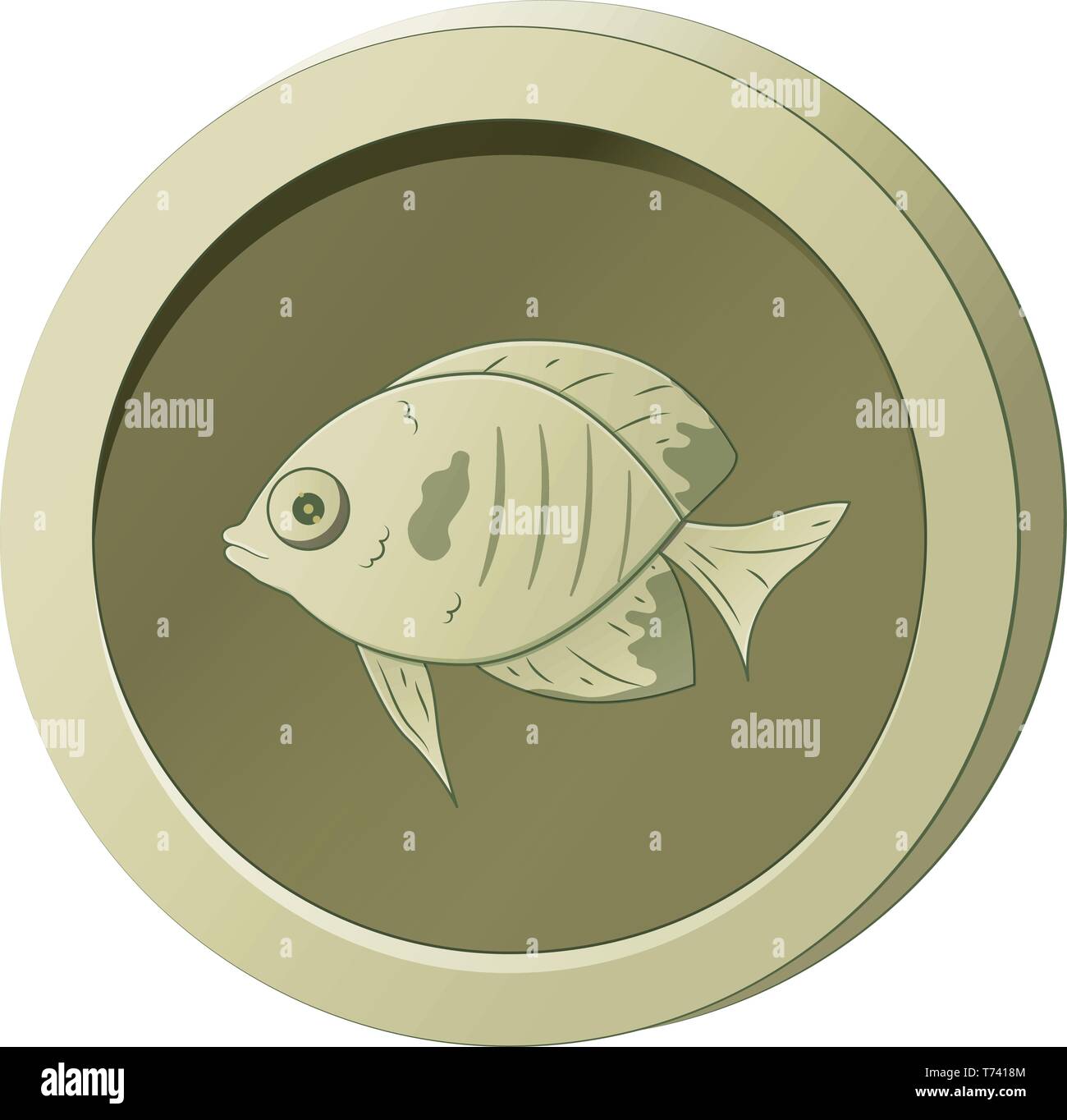 Coin Fish Draw Olive-colored coin with the image of a fish. Vector illustration for ...