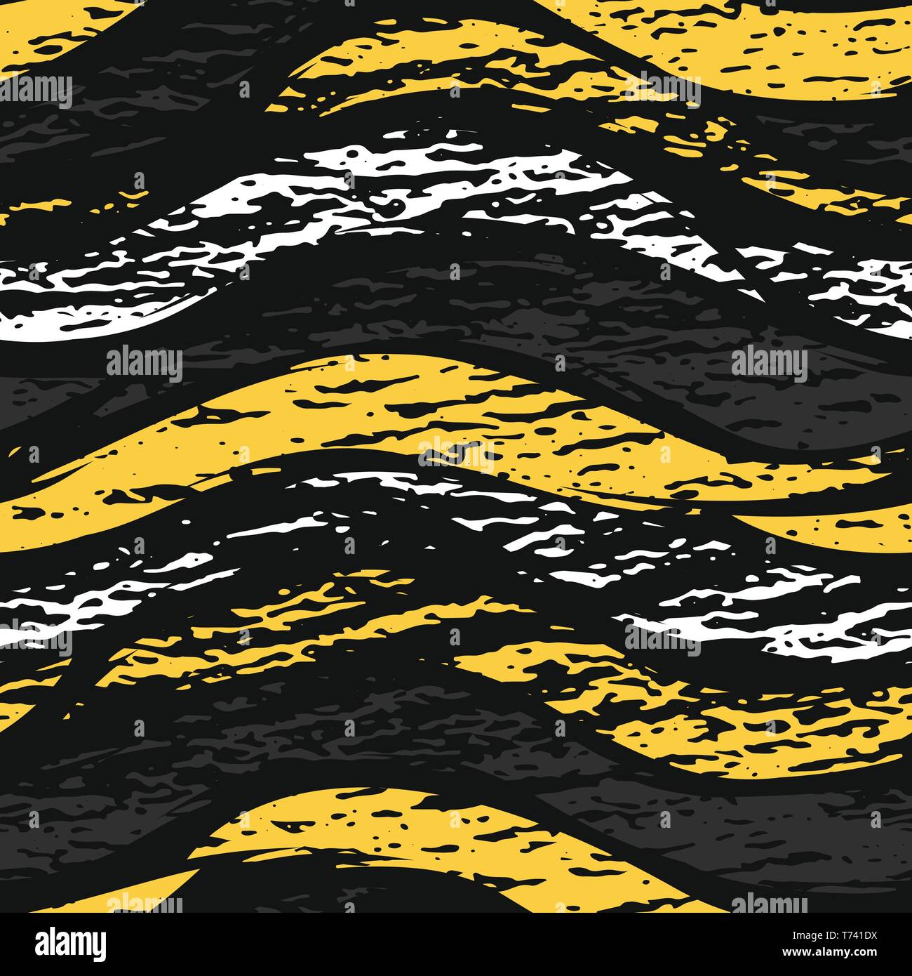 Vector dark grunge seamless pattern. Abstract horizontal shapes with texture. Urban art style. Trendy background in bright yellow color on black Stock Vector