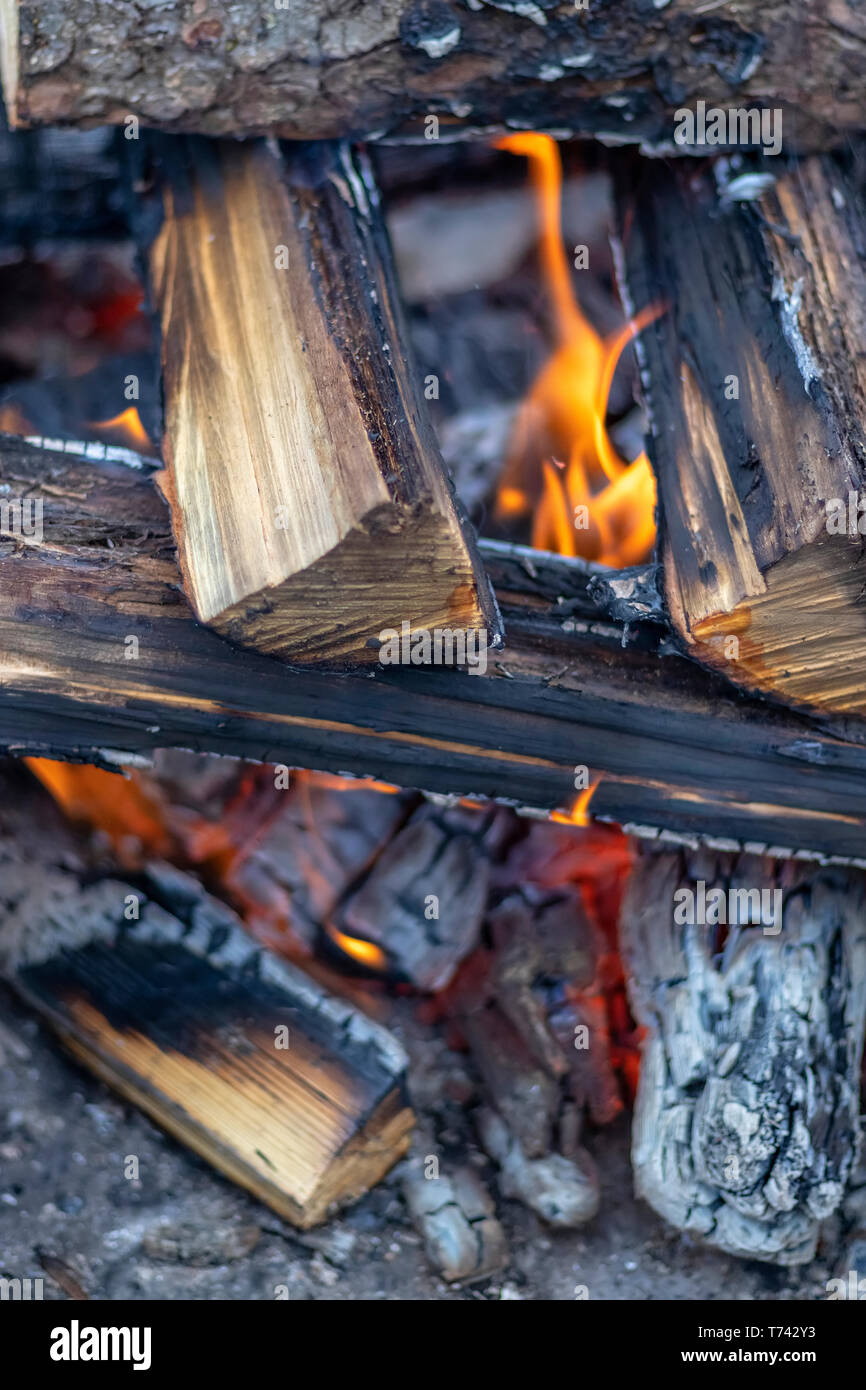 Birch wood burning in the fireplace Flames burning in the bonfire. Bonfire  in the grill with smoke. Arson or natural disaster. Bonfire close. Fire in  Stock Photo - Alamy