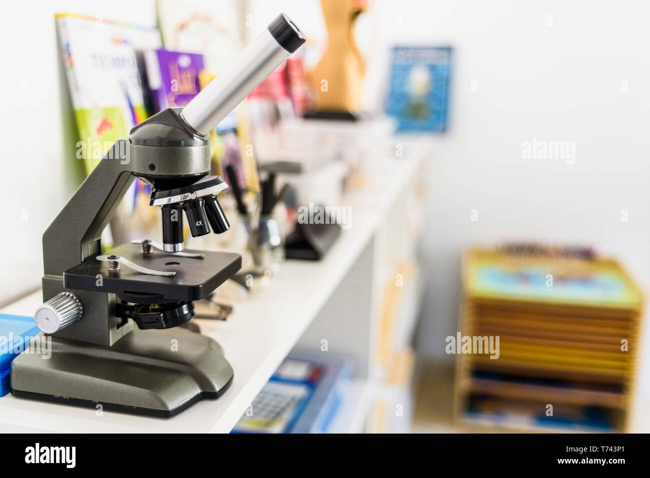 Microscope in a children's classroom Stock Photo Alamy